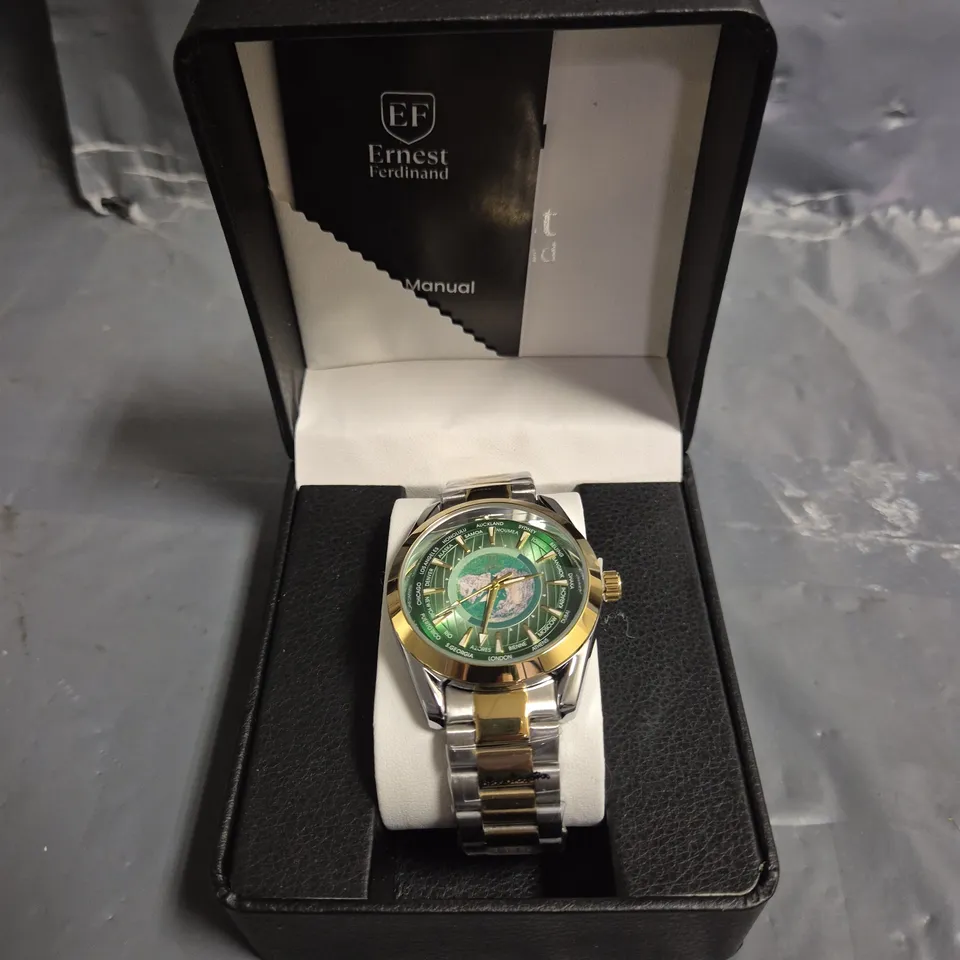ERNEST FERDINAND GREEN DIAL WORLD MAP WATCH WITH METAL STRAP IN BOX
