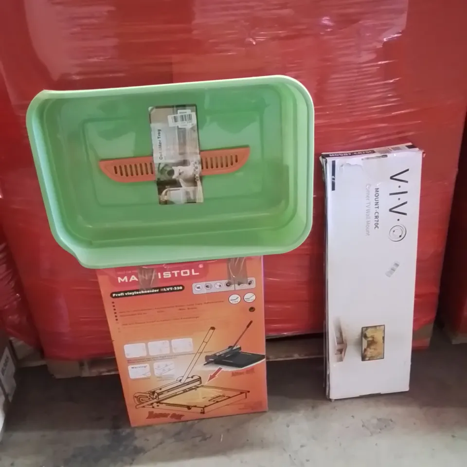 PALLET OF ASSORTED HOUSEHOLD GOODS AND PRODUCTS TO INCLUDE;FLOOR CUTTER,CAT LITTER TRAY,TV WALL MOUNT