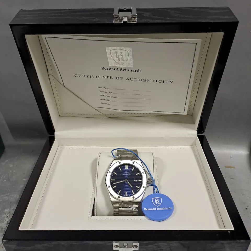 MENS BERNARD REINHARDT WATCH – BLUE DIAL – STAINLESS STEEL CASE & STRAP – SWISS MOVEMENT – SAPPHIRE CRYSTAL - 5 ATM WATER RESISTANT 