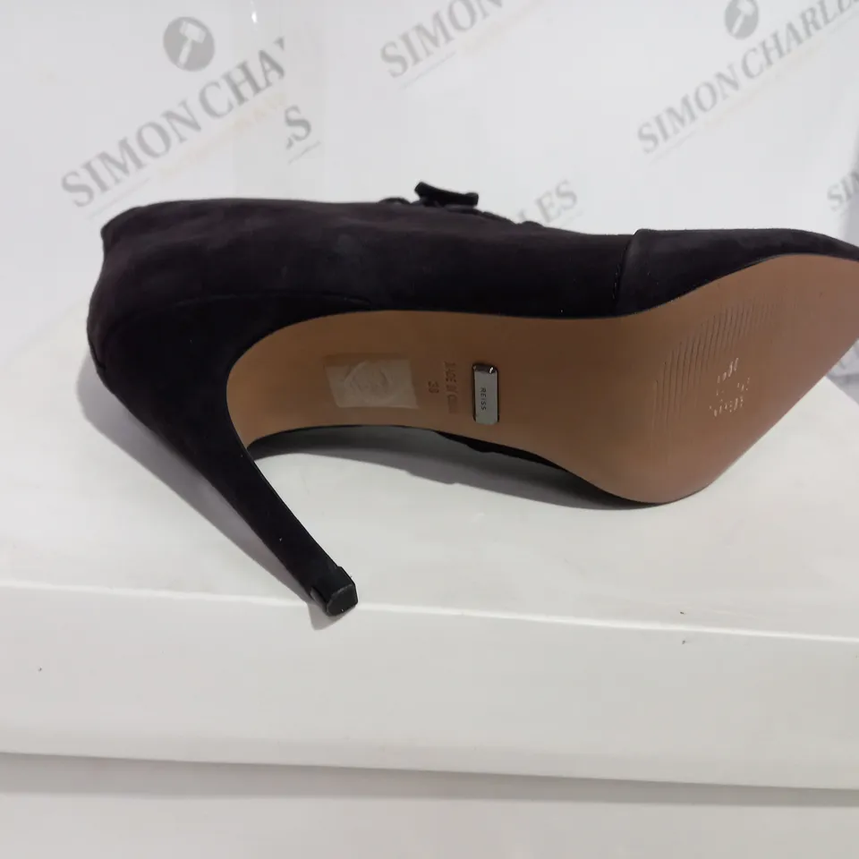 BOXED REISS SUEDE CHOCOLATE BOOT HEELS - SIZE 5