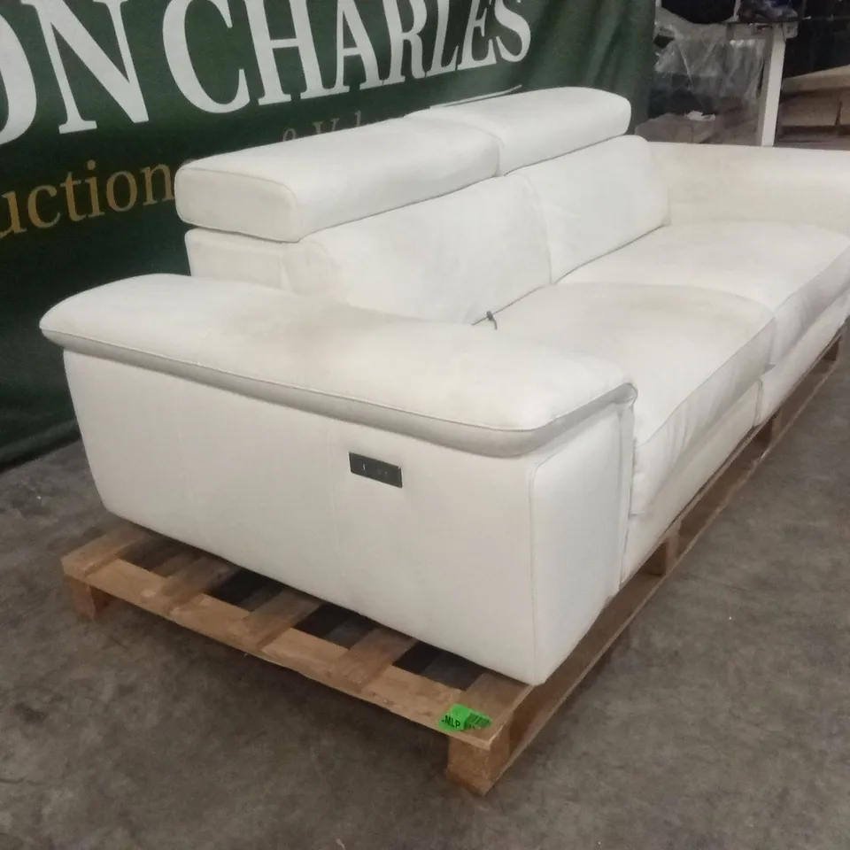 QUALITY DESIGNER 3 SEATER WHITE LEATHER POWER RECLINER SOFA