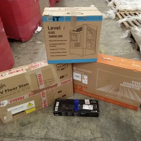 PALLET OF ASSORTED HOUSEHOLD GOODS & PRODUCTS TO INCLUDE; COMPUTER CASE, GAMING KEYBOARD, COMPUTER MONITOR, TV FLOOR STAND ETC
