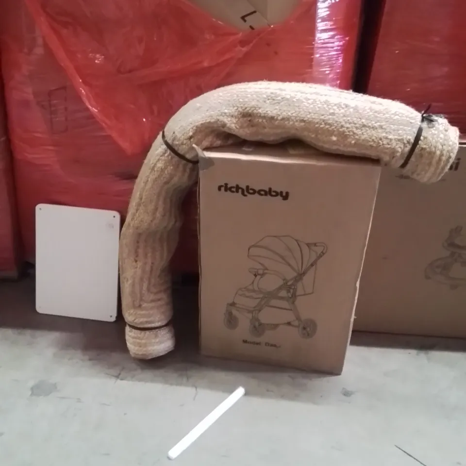 PALLET OF ASSORTED HOUSEHOLD GOODS AND PRODUCTS TO INCLUDE;CHOPPING BOARD,AREA RUG,PRAM