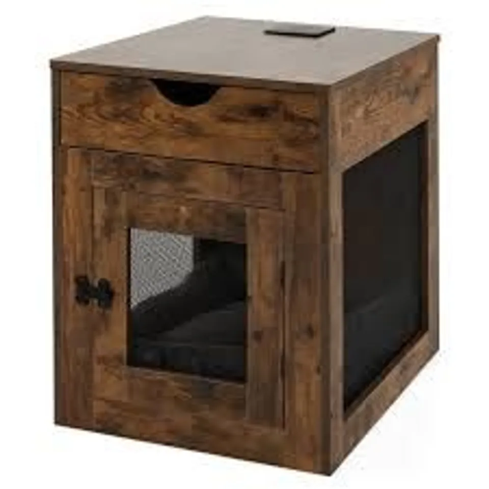 BOXED DOG CRATE FURNITURE DECORATIVE DOG KENNEL END TABLE W/ DRAWER LOCKABLE DOOR - NATURAL -