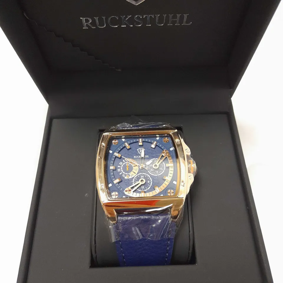 RUCKSTUHL TRIPLE DIAL BLUE LEATHER STRAP WRISTWATCH