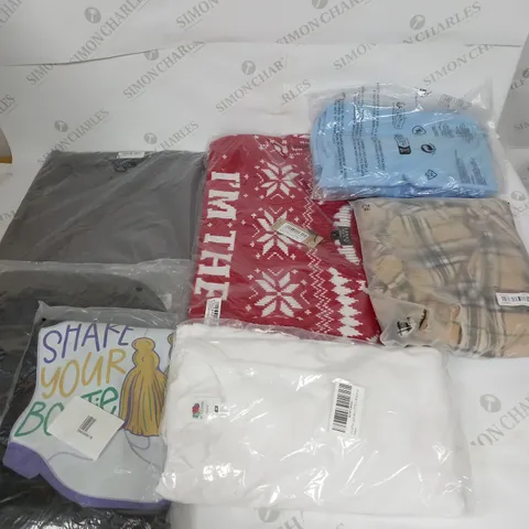 LARGE BOX OF ASSORTED CLOTHING ITEMS IN VARIOUS COLOURS AND SIZES INCLUDING TROUSERS , TOPS AND JUMPERS