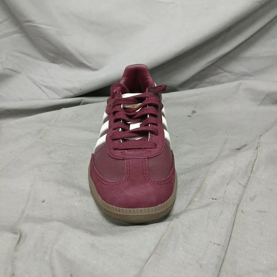 UNBOXED PAIR OF ADIDAS SAMBA BURGUNDY SUEDE TRAINERS – WHITE STRIPES - SIZE 5.5
