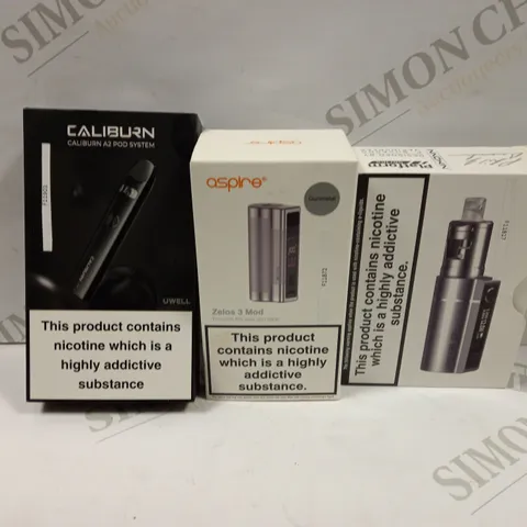 BOX OF APPROXMATELY 26 E-CIGARETTES AND LIQUIDS TO INCLUDE CALIBURN A2 POD SYSTEM, INNOKIN COOLFIRE Z50 ZLIDE. ASPIRE ZELOS 3 MOD, ETC