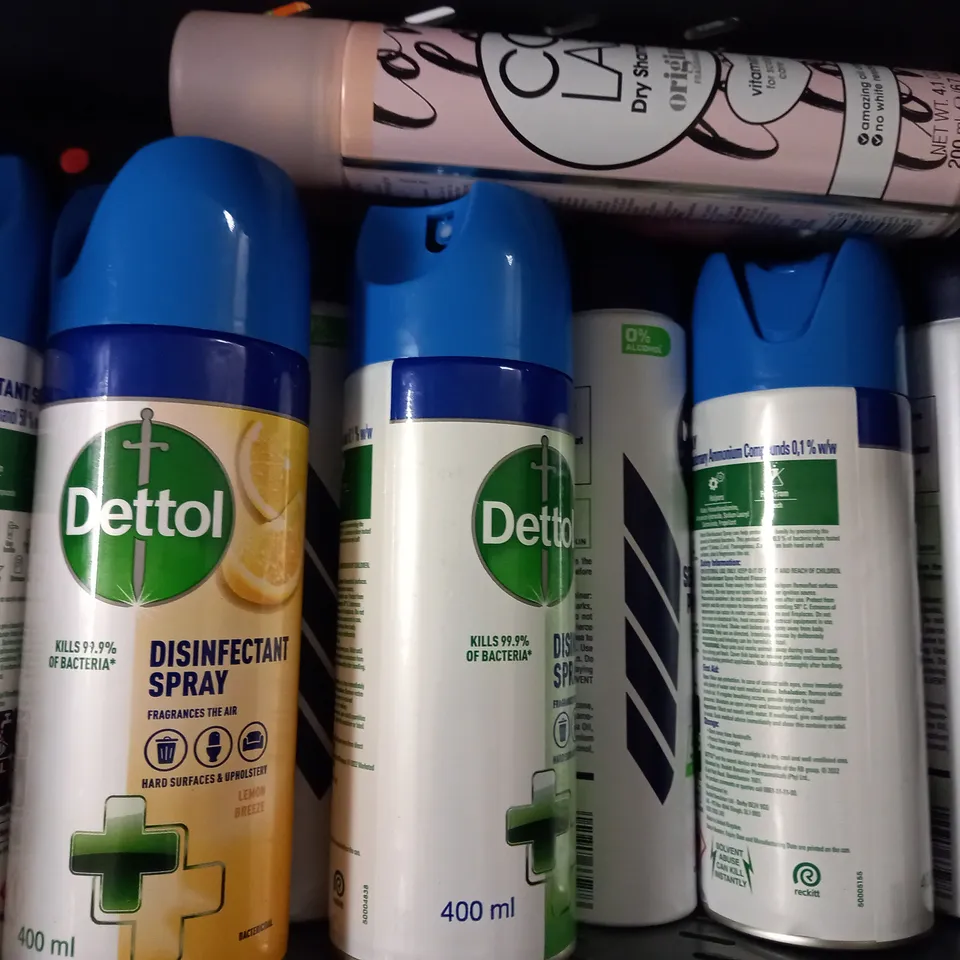 BOX OF APPROX 15 ASSORTED AEROSOLS INCLUDING COLAB DRY SHAMPOO, GILETTE SHAVE FOAM AND DETTOL DISINFECTANT SPRAY - COLLECTION ONLY