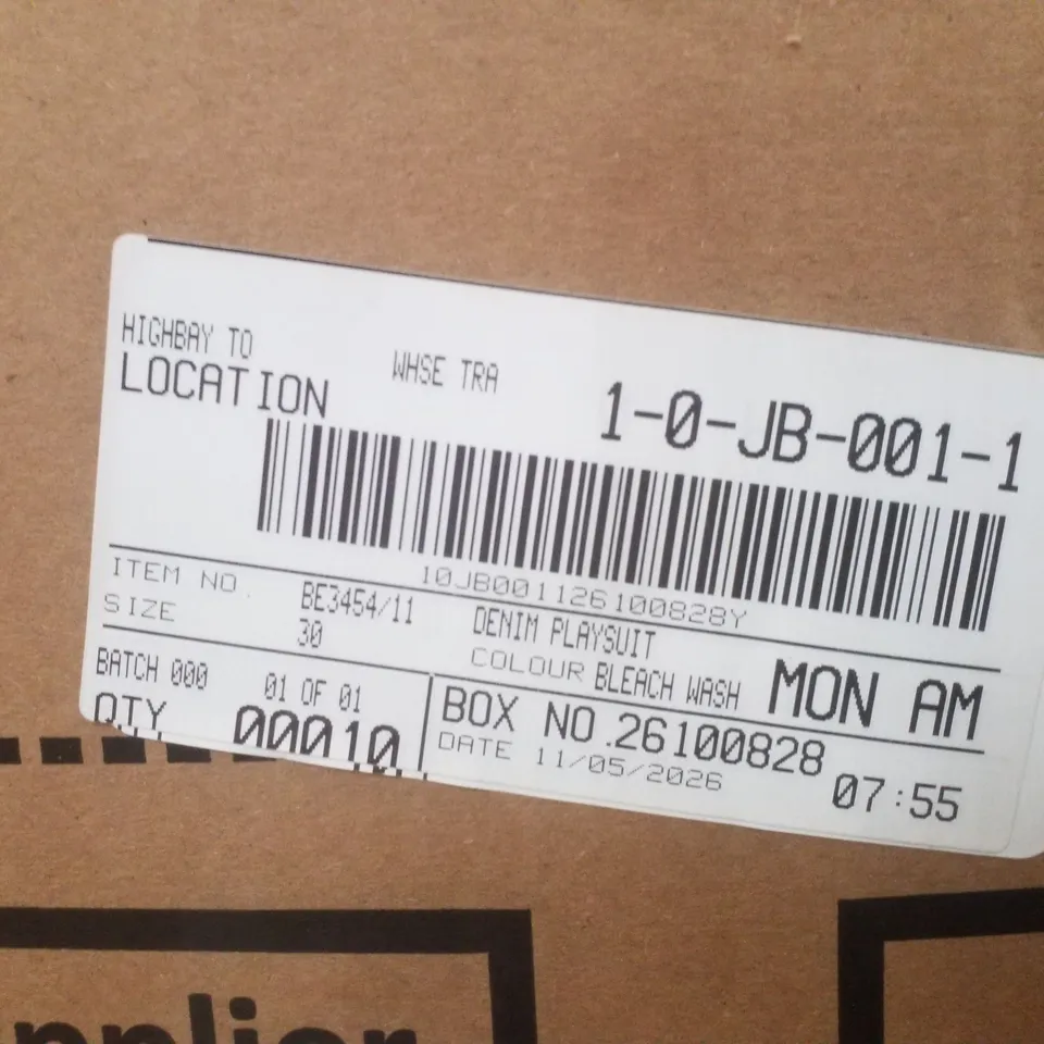 BOX CONTAINING APPROXIMATELY 10 BRAND NEW SIMPLY BE BLEACH WASH DENIM PLAYSUITS - SIZE 30