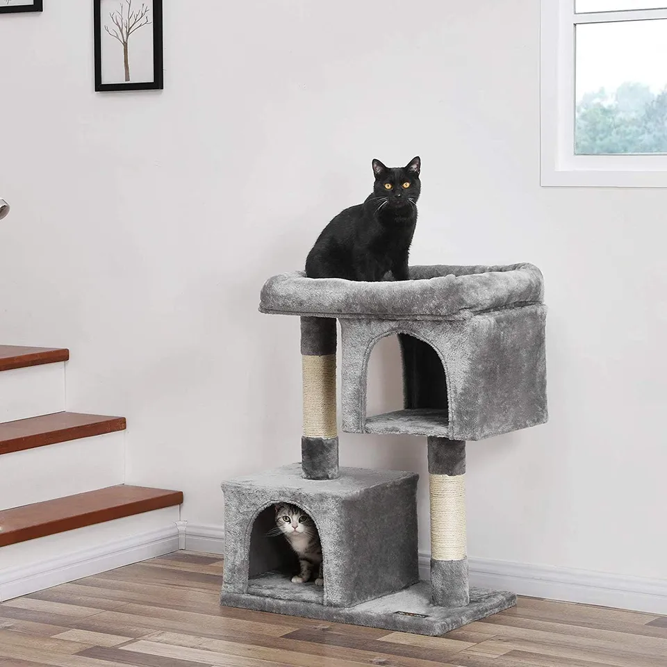 BOXED SONGMICS FEANDREA CAT TREE TOWER, 84 CM, L, FOR LARGE CATS UP TO 7 KG, LARGE PERCH, 2 CAVES, SCRATCHING POST, LIGHT GREY