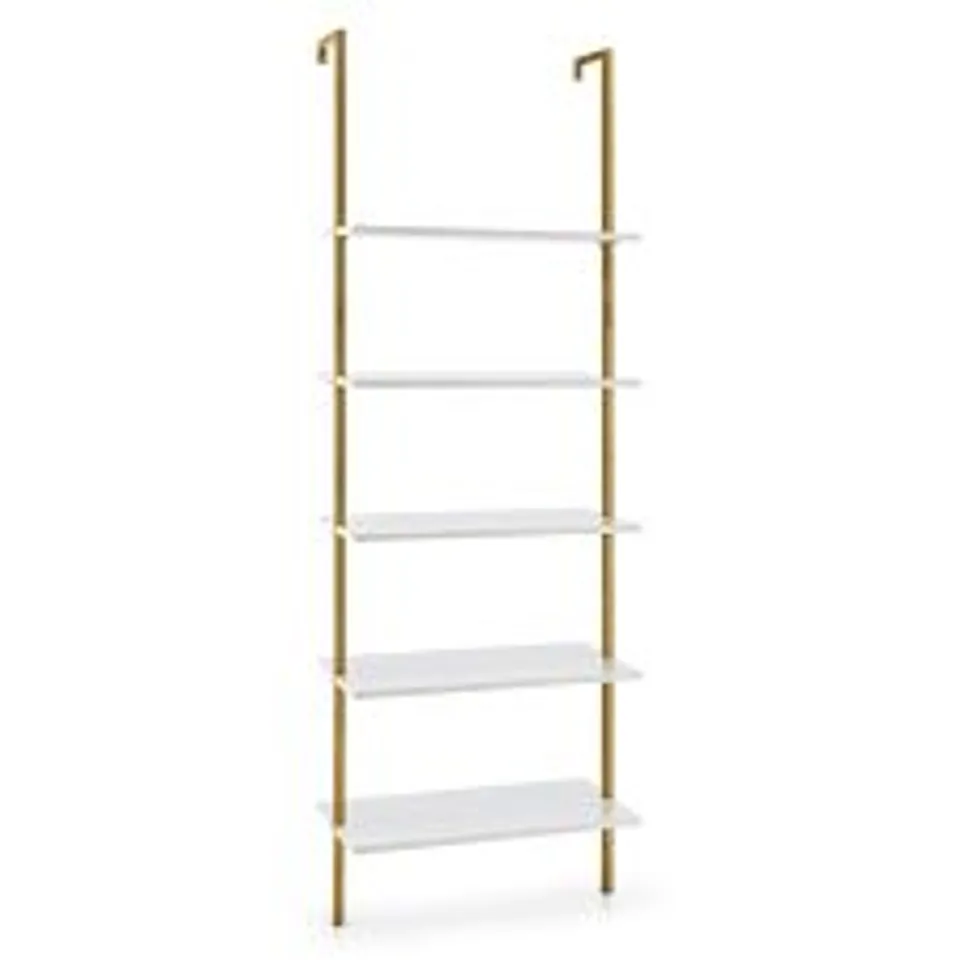 BOXED COSTWAY 5 SHELF STEEL FRAME WHITE AND GOLDEN LADDER DISPLAY UNIT