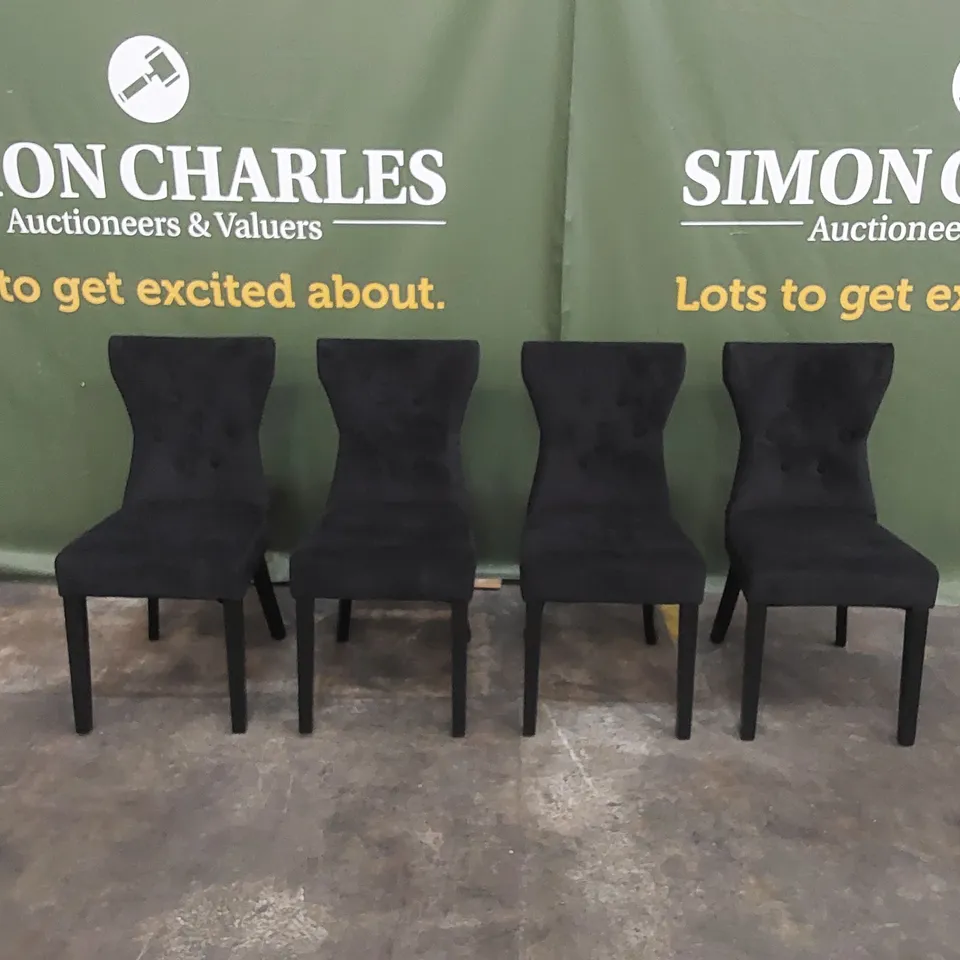 SET OF 4 KENSINGTON BLACK VELVET BUTTON BACK DINING CHAIRS - BLACK LEGS 