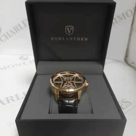 MENS VONLANTHEN AUTOMATIC WATCH β SKELETON DIAL β GOLD COLOUR CASE - GLASS EXHIBITION BACKCASE β BLACK LEATHER STRAP