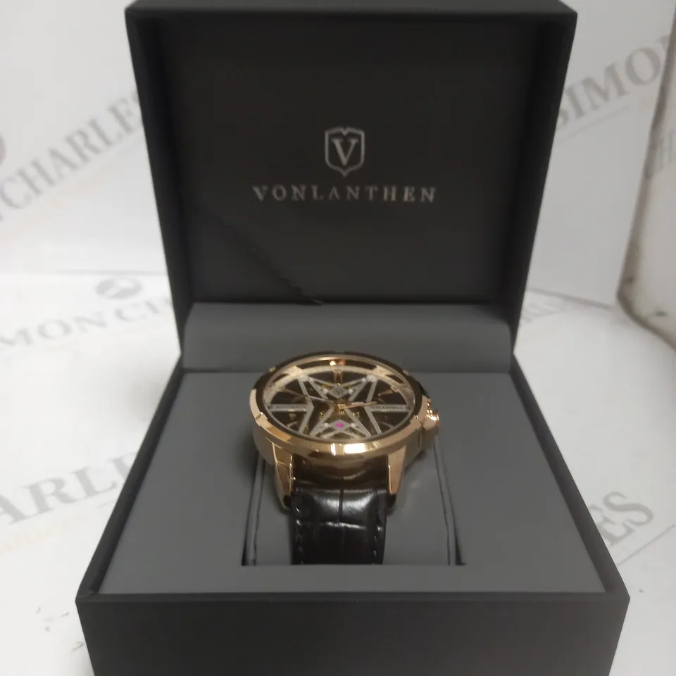 MENS VONLANTHEN AUTOMATIC WATCH – SKELETON DIAL – GOLD COLOUR CASE - GLASS EXHIBITION BACKCASE – BLACK LEATHER STRAP