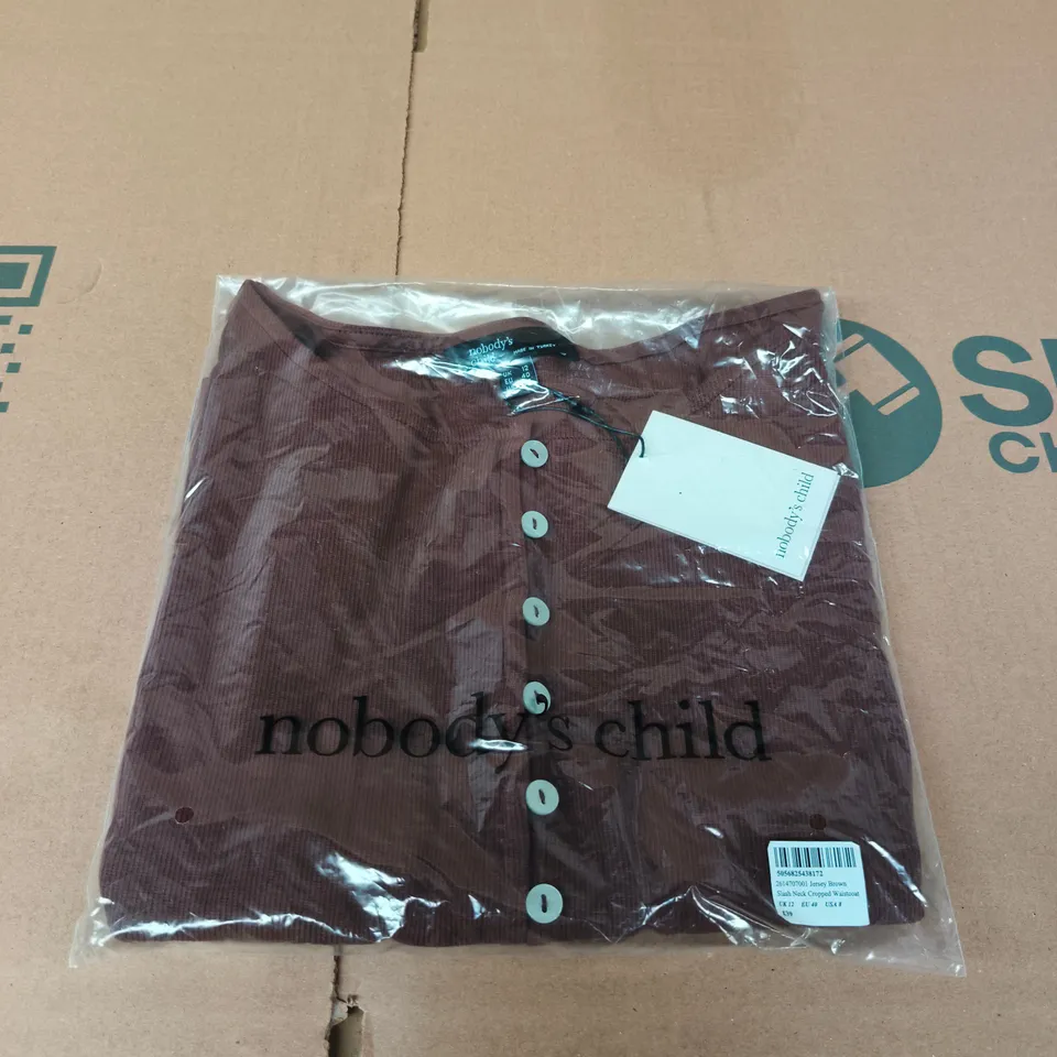 NOBODY'S CHILD JERSEY BROWN SLASH-NECK CROPPED WAISTCOAT – UK 12 