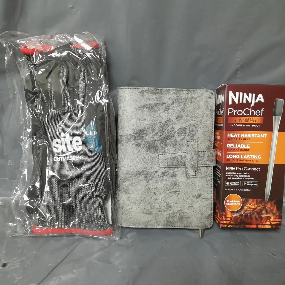 BOX OF APPROXIMATELY 8 ASSORTED ITEMS TO INCLUDE - NINJA PROCHEF , NOTEBOOK , SITE GLOVES ETC