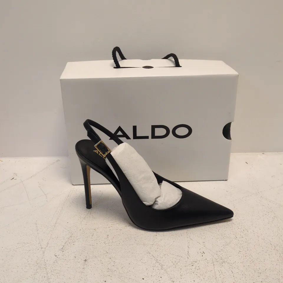 ALDO BLACK LEATHER HIGH HEEL PUMP WITH BUCKLED SLINGBACK – WOMEN'S, BOXED