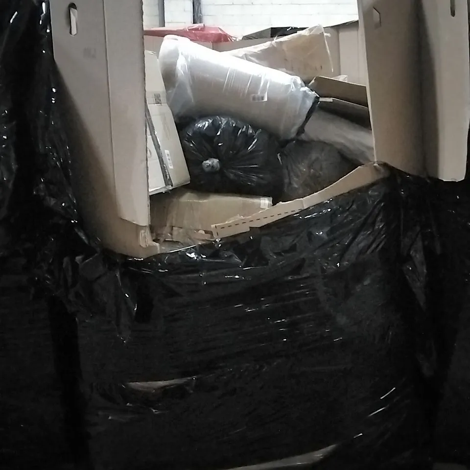 PALLET OF HOUSEHOLD ITEMS TO INCLUDE BAIN MARIE, SHOWER RAIL, HALLOWEEN ANIMATRONIC STANDING CLOWN HOLDING DOLL, BED RAIL AND OTHER ASSORTED ITEMS...