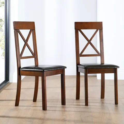 BOXED KENDAL DINING CHAIR, BROWN CLASSIC FAUX LEATHER & DARK SOLID HARDWOOD 