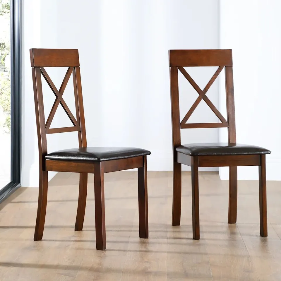 BOXED KENDAL DINING CHAIR, BROWN CLASSIC FAUX LEATHER & DARK SOLID HARDWOOD 