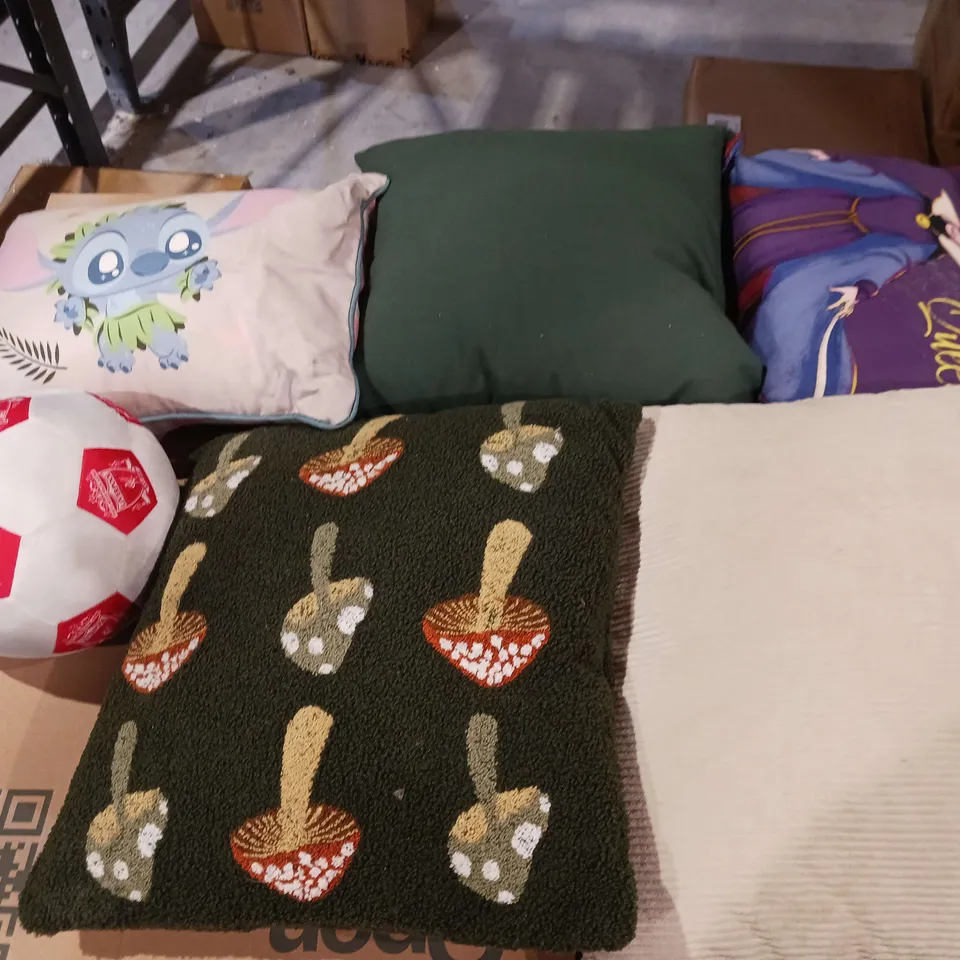 BOX OF APPROXIMATELY 6 ASSORTED THROWS AND PLUSHIES TO INCLUDE - LIVERPOOL BALL, STITCH PILLOW, AND MUSHROOM PILLOW ETC. 