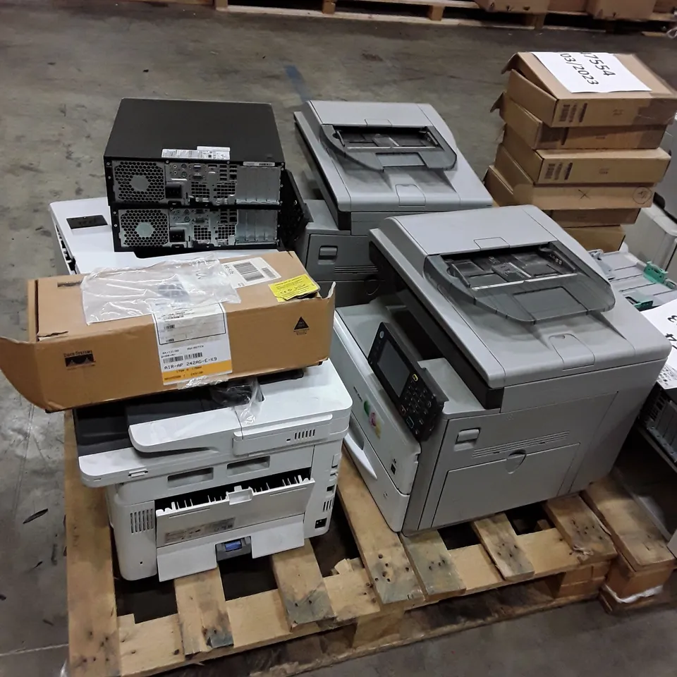 PALLET OF ASSORTED OFFICE EQUIPMENT INCLUDING PRINTERS, DESKTOPS AND ROUTE