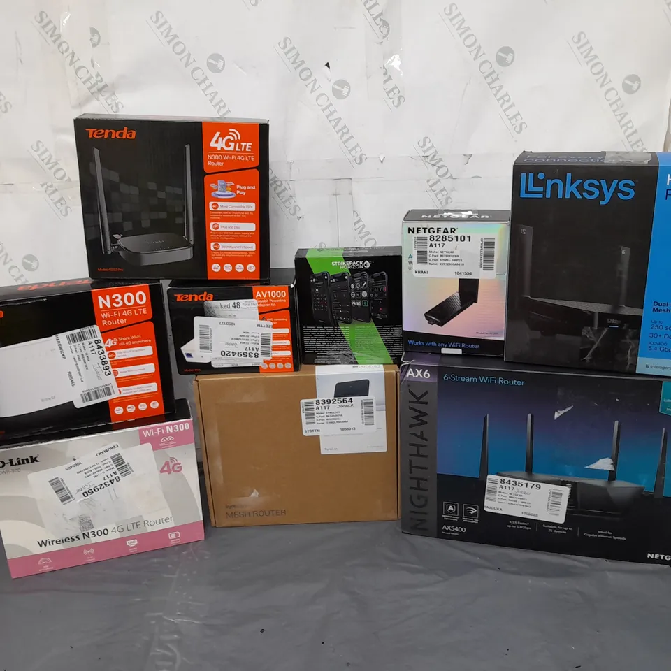 LARGE BOX OF ASSORTED HOME NETWORKING PRODUCTS TO INCLUDE TENDA, LINKSYS, AND NETGEAR ETC.