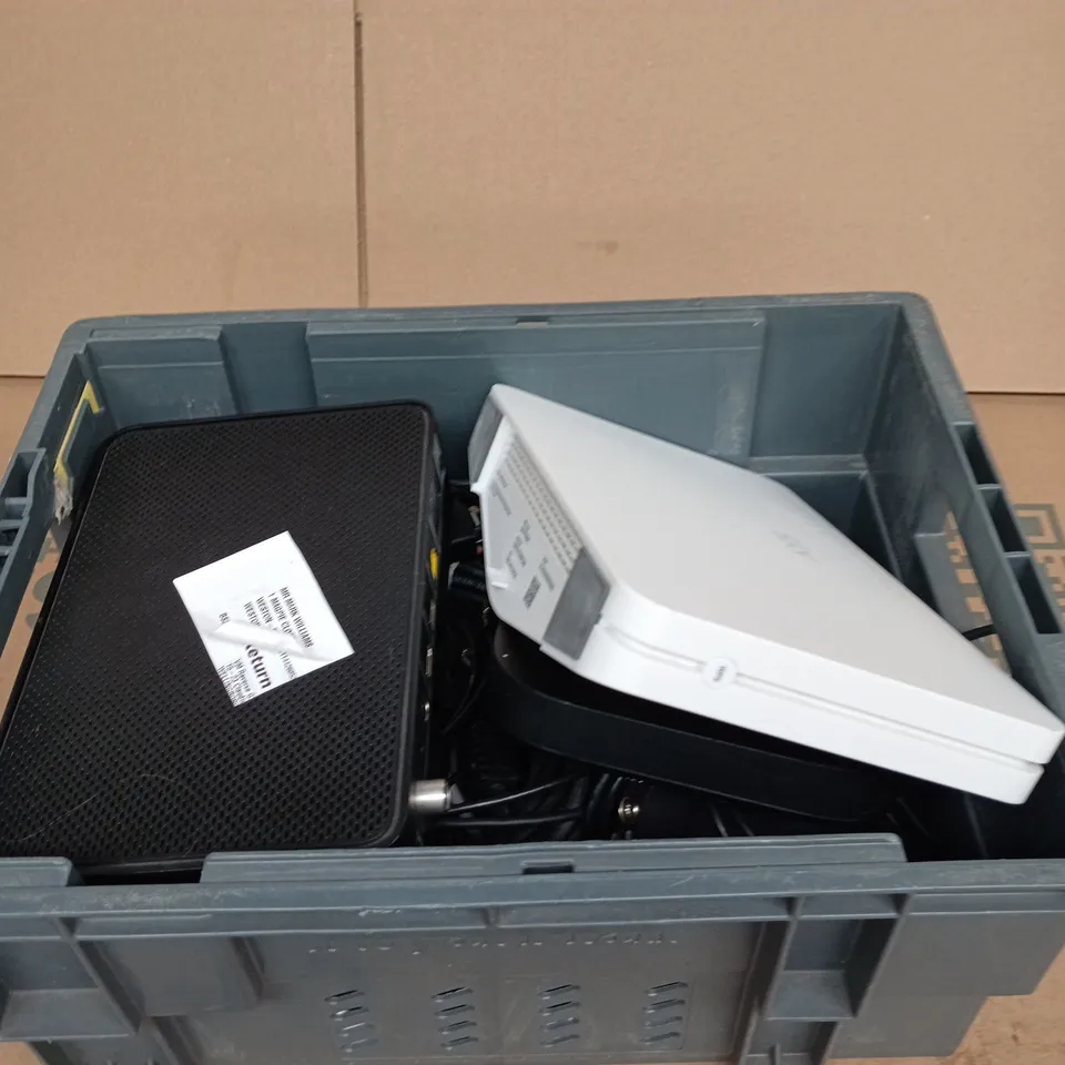 TOTE OF APPROXIMATELY 5 ASSORTED ITEMS INCLUDING SKY WIFI ROUTER, VIRGIN MEDIA WIFI ROUTER AND SKY TV REMOTE