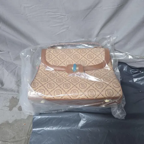 BEIGE HANDBAG WITH BROWN LEATHER TRIM AND CLASP, BABY LOGO