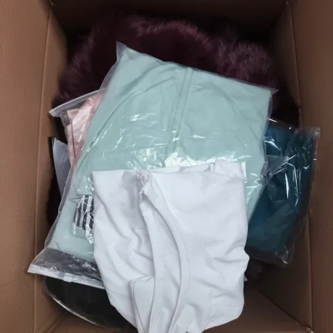 LARGE BOX OF APPROXIMATELY 25 ASSORTED CLOTHING ITEMS IN VARIOUS COLOURS, STYLES AND SIZES - COLLECTION ONLY
