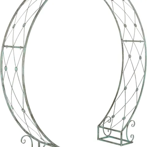 BOXED SAFAVIEH OUTDOOR COLLECTION MIZELL ANTIQUE GREEN LATTICE WROUGHT IRON MOON GATEWAY ARBOR