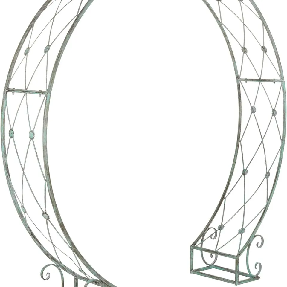 BOXED SAFAVIEH OUTDOOR COLLECTION MIZELL ANTIQUE GREEN LATTICE WROUGHT IRON MOON GATEWAY ARBOR