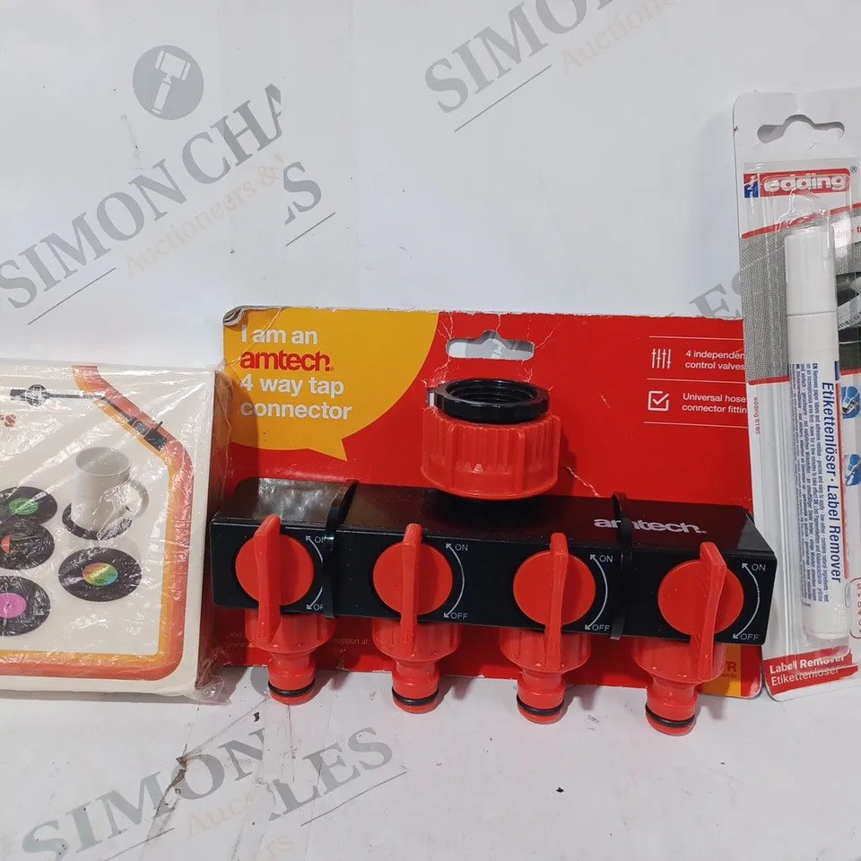 APPROXIMATELY 10 ASSORTED HOUSEHOLD ITEMS TO INCLUDE EDDING LABEL REMOVER, 4-WAY TAP CONNECTOR, VINYL COASTERS, ETC