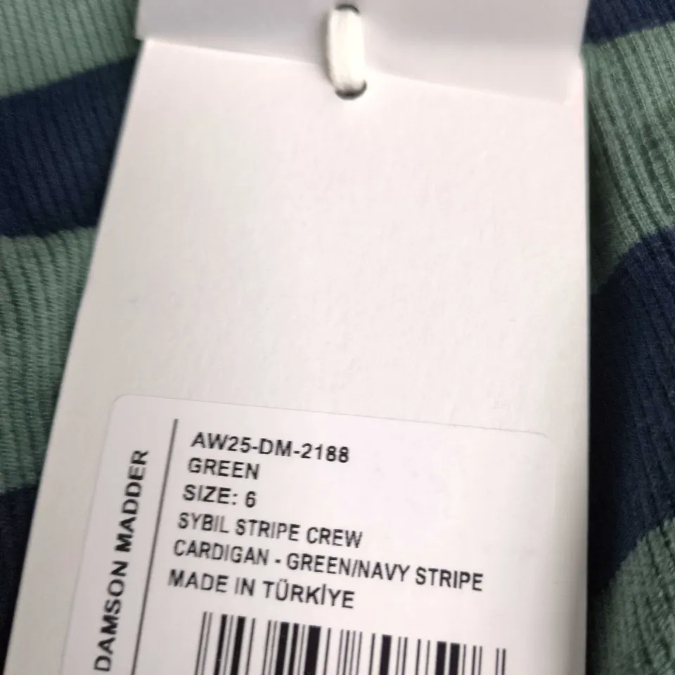 DAMSON MADDER SYBIL STRIPE CREW CARDIGAN – GREEN/NAVY STRIPE, UK SIZE 6