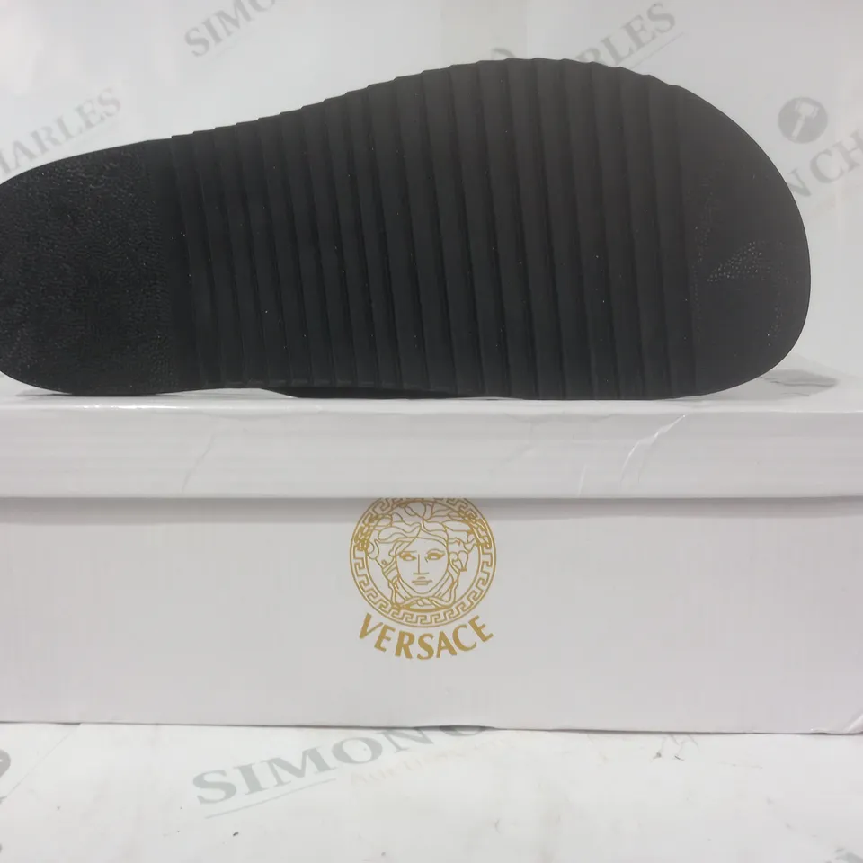 BOXED PAIR OF VERSACE SLIP-ON SHOES IN BLACK EU SIZE 41