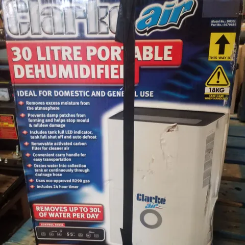 BOXED CLARKE DH30L 30 LITRE PORTABLE DEHUMIDIFIER 230V (R290 GAS)