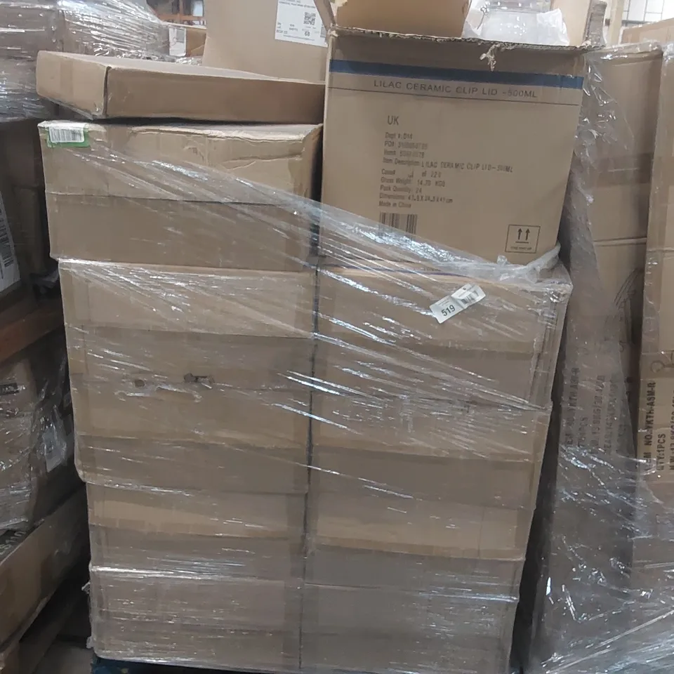 PALLET CONTAINING APPROXIMATELY 650x LILAC CERAMIC CLIP LID 500ML JARS AND OTHER ASSORTED ITEMS