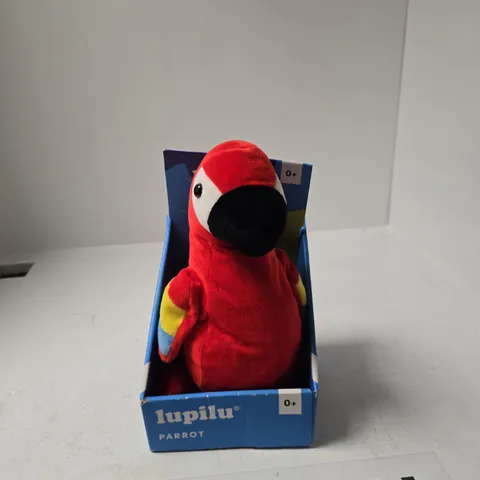 LUPILU PARROT PLUSH TOY – RED, IN BLUE BOX (0+) - REPEATS EVERYTHING YOU SAY