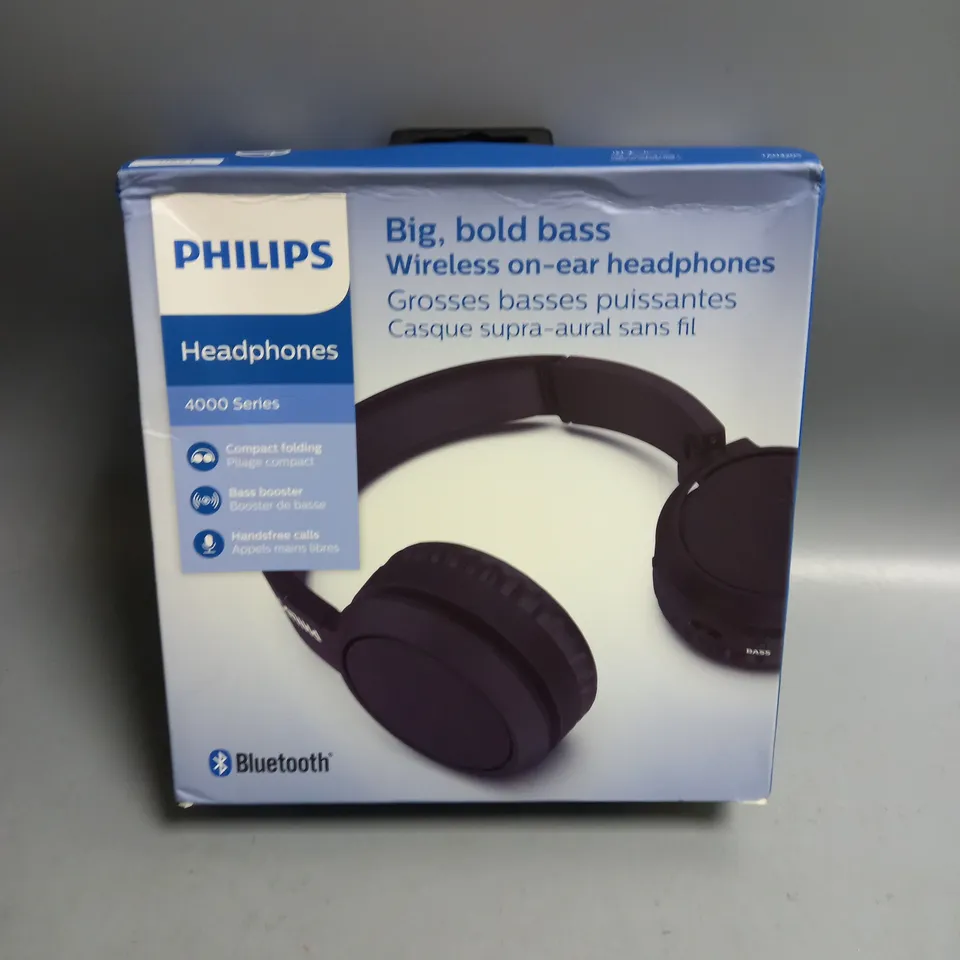 BOXED PHILIPS BIG, BOLD BASS WIRELESS ON-EAR HEADPHONES 4000 SERIES