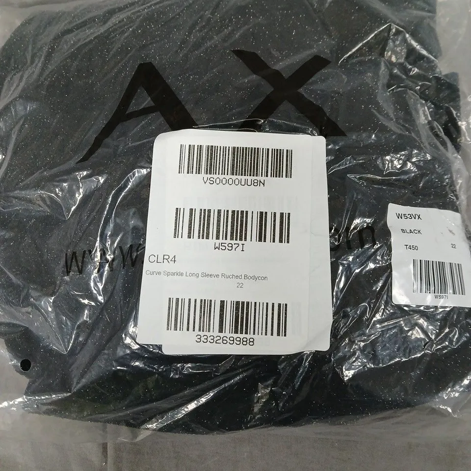 AX PARIS CURVE SPARKLE LONG SLEEVE RUCHED BODYCON DRESS – BLACK, UK SIZE 22. BAGGED