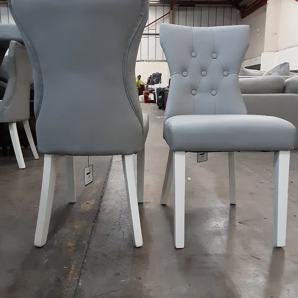 SET OF 4 LIGHT GREY PU LEATHER DINING CHAIRS WITH WHITE WOODEN LEGS , FEW LEG SCRATCHES 