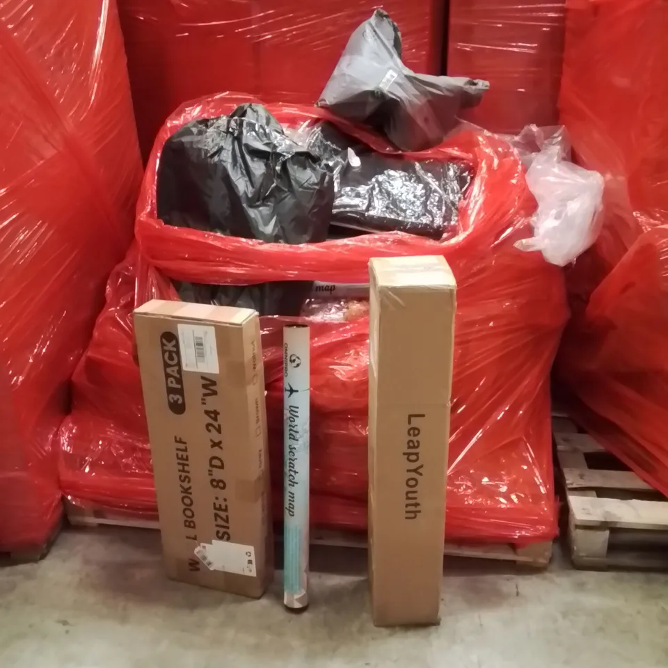 PALLET OF ASSORTED HOUSEHOLD GOODS AND PRODUCTS TO INCLUDE;PLAYMAT,WORLD SCRATCH MAP,WALL BOOKSHELF 