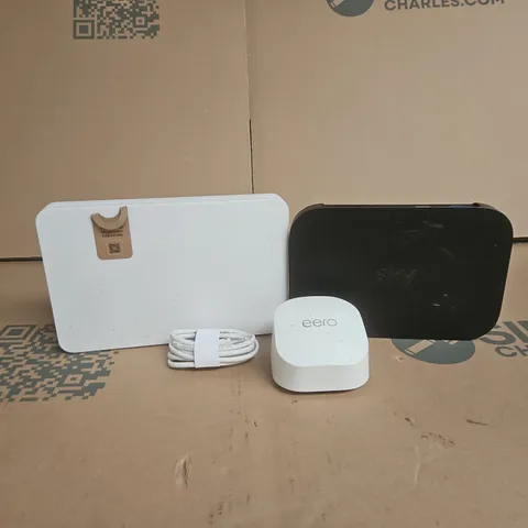 TOTE OF APPROXIMATELY 8 ASSORTED ITEMS TO INCLUDE SKY HUBS, EERO, CABLES ETC