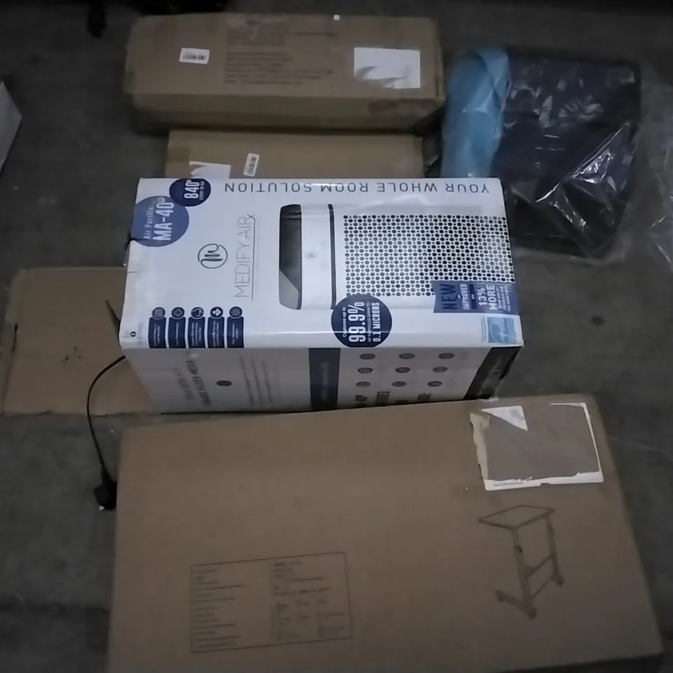 PALLET OF ASSORTED ITEMS INCLUDING STREAM ELECTRIC CHAIN SAW, VIFLYKOO INSECT KILLER, MODIFY AIR AIR PURIFIER, WHEELED TABLE, LED MONITER