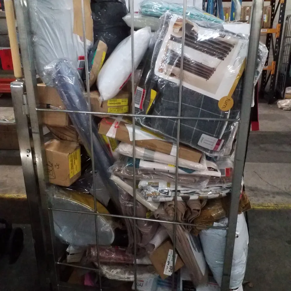 CAGE CONTAINING ASSORTED PRODUCTS INCLUDING CURTAINS, BEDSHEETS & FURNITURE PARTS