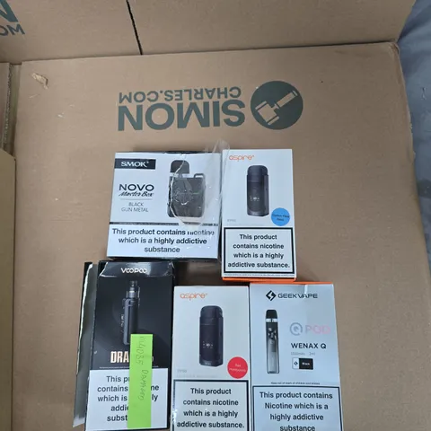 BOX OF APPROXIMATELY 30 ASSORTED E-CIGARETTES AND ACCOMPANIMENTS TO INCLUDE: SMOK NOVO MASTER BOX