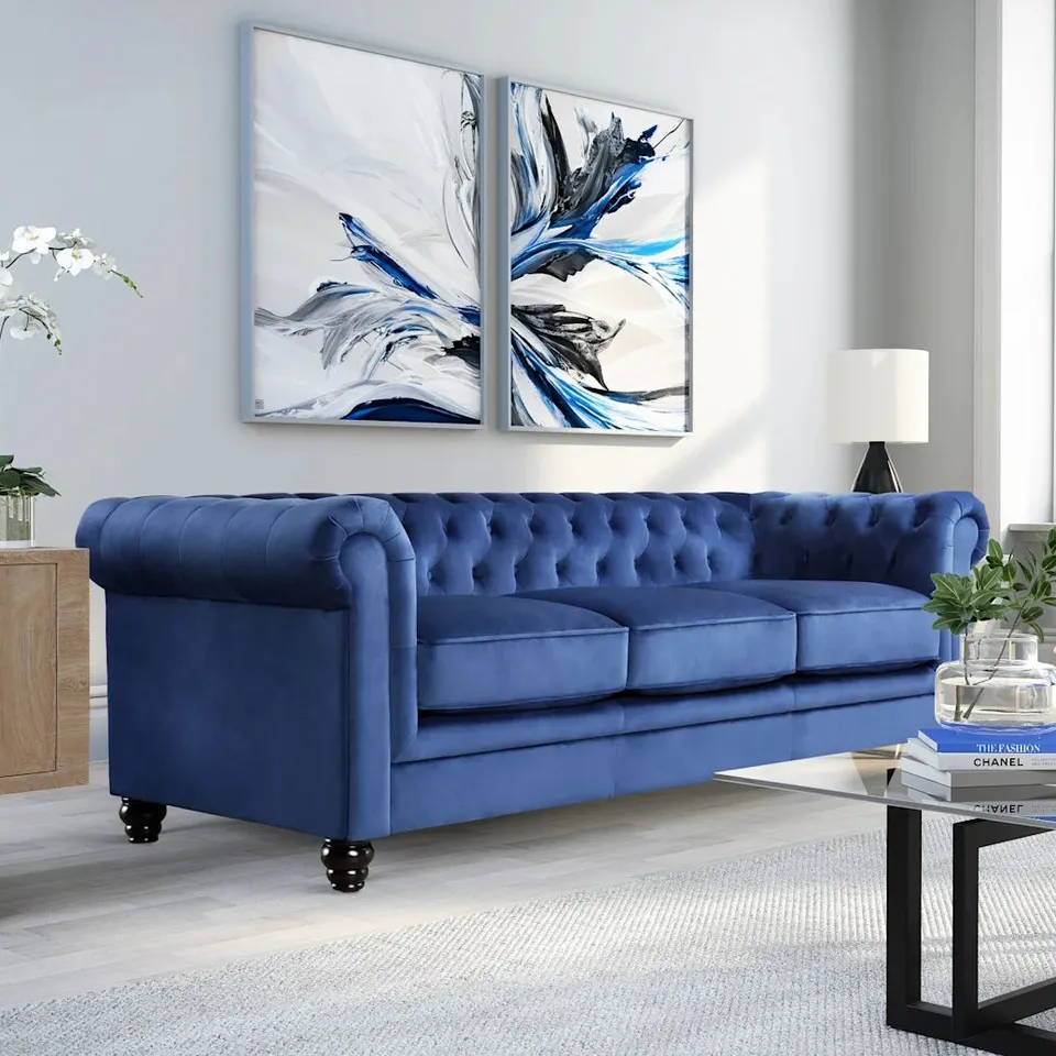 BOXED HAMPTON 3 SEATER CHESTERFIELD SOFA, BLUE CLASSIC VELVET (1 BOX)