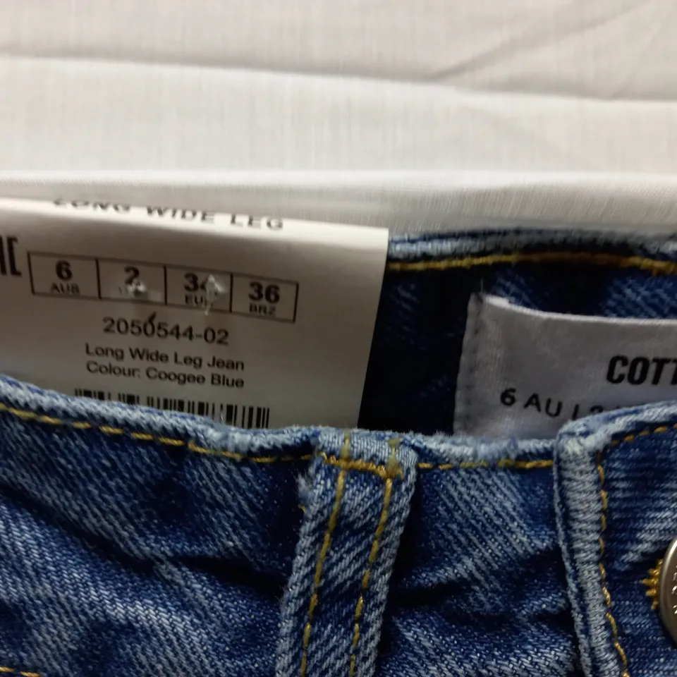 BOX OF APPROX 18 BRAND NEW COTTON:ON LONG WIDE LEG JEANS - COOGEE BLUE SIZE AUS 6	