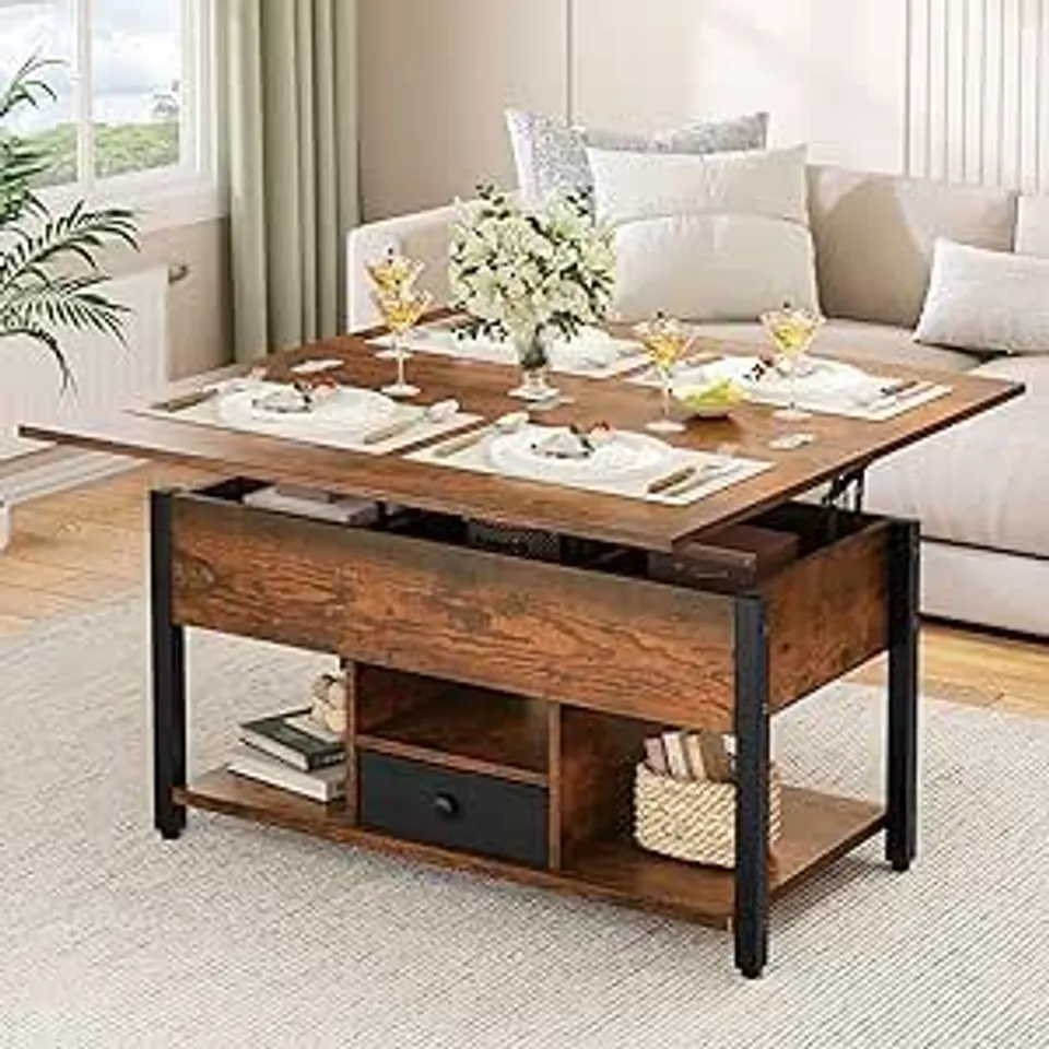 BOXED 4 IN 1 MULTI-FUNCTION LIFTABLE COFFEE TABLE WITH STORAGE AND HIDDEN COMPARTMENT